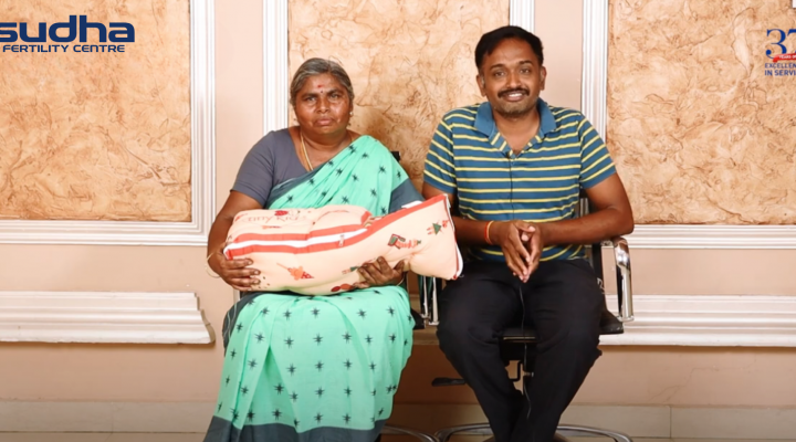 A man and his mother in law holding healthy baby at Sudha Fertility Centre Chennai - the best fertility hospital in chennai