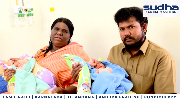 Happy couple with newborn twins at Sudha Fertility Centre Chennai – successful IVF treatment testimonial from Chennai, Tamil Nadu – available in Tamil Nadu, Andhra Pradesh, Karnataka, Pondicherry, and Telangana