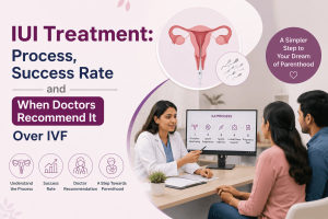 IUI treatment process and success rate, showing a fertility specialist consulting a couple about intrauterine insemination treatment.
